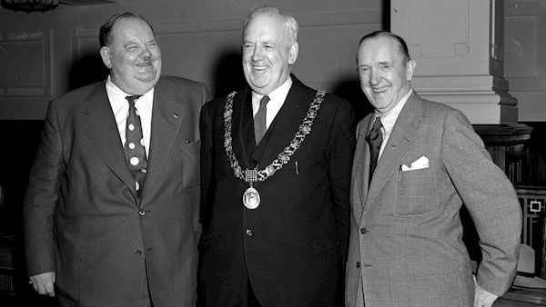 Oliver Hardy and Stan Laurel with Cork lord mayor Patrick McGrath at City Hall in 1953 Picture Irish Examiner Archive