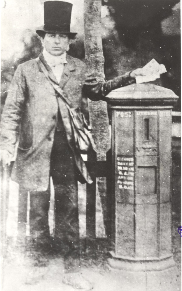 Postman and pillar box, late 1850s by British Postal Museum & Archive.